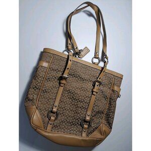 Coach F11526 Khaki Signature C Jacquard Tan Leather Straps Handbag 10.5x9.5x4